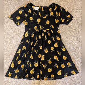 Vintage 90s Black Sun Dress with Sunflower Print Women's Size 5